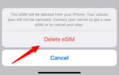 Warning message to delete eSIM on iPhone