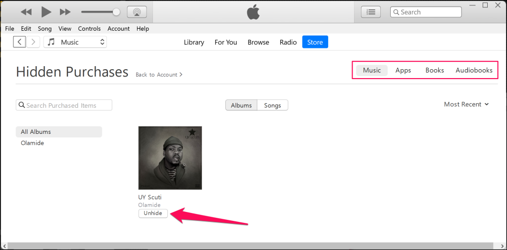 Unhide Purchases in iTunes