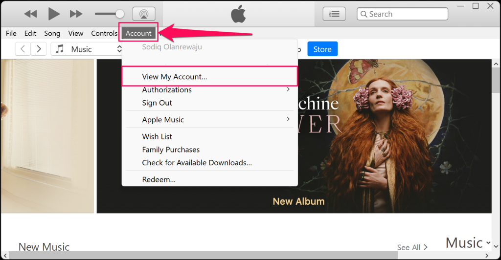 Account settings menu iTunes