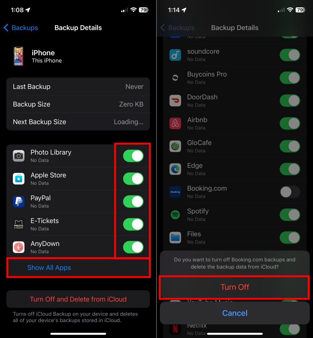 Turn off iCloud data backup for iPhone apps