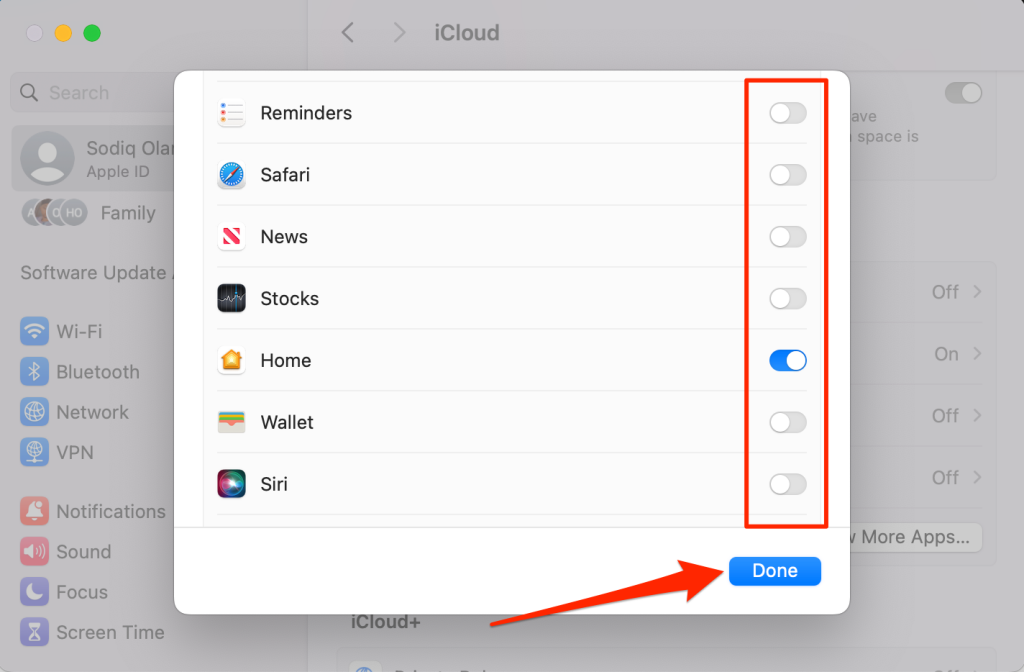 Turn off apps using iCloud on Mac