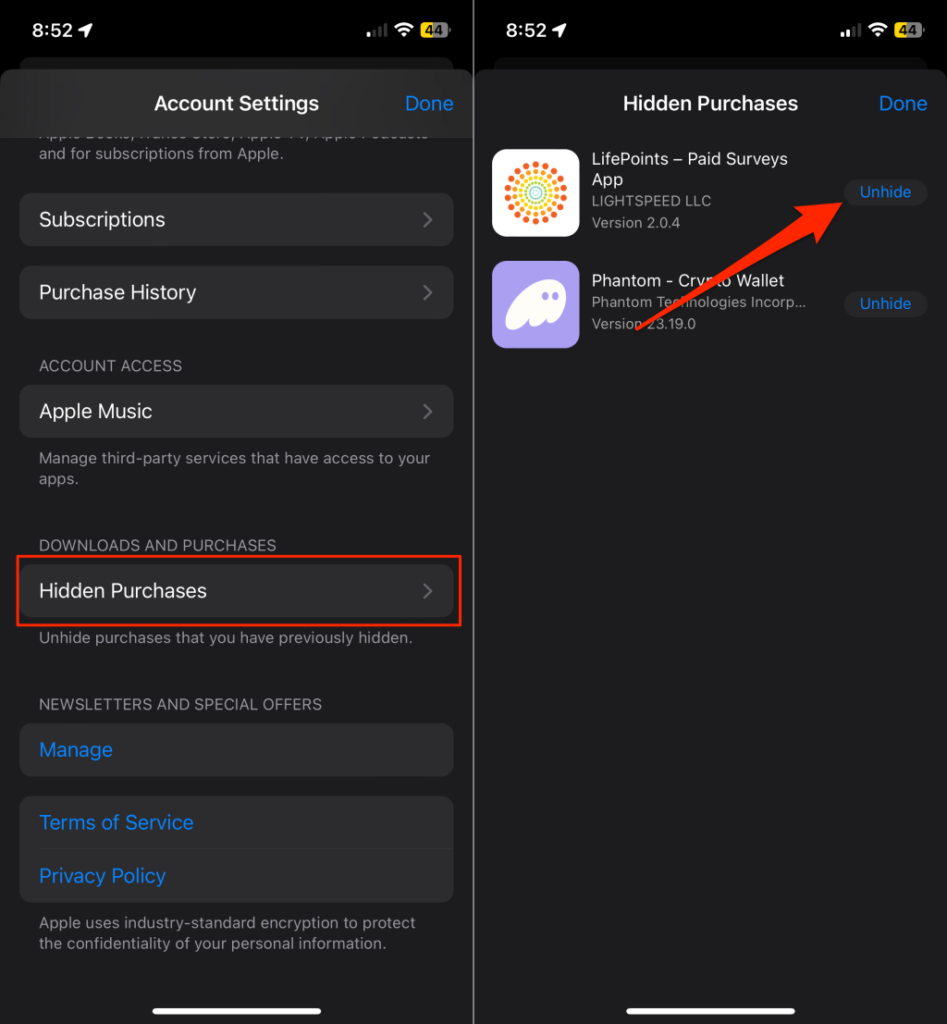 Unhide purchases in App Store on iPhone