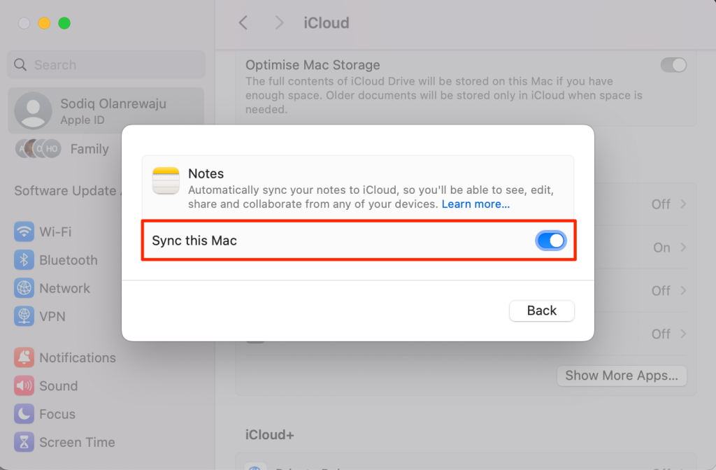 Turn off app iCloud sync on Mac