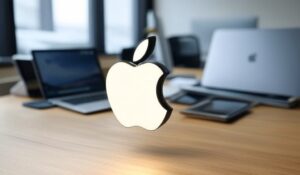 Apple logo on desk.