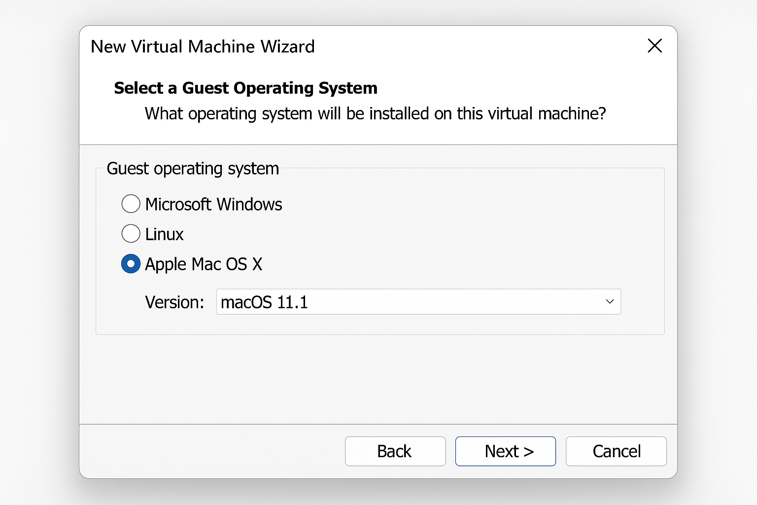VM creation wizard showing Apple macOS selection with version dropdown