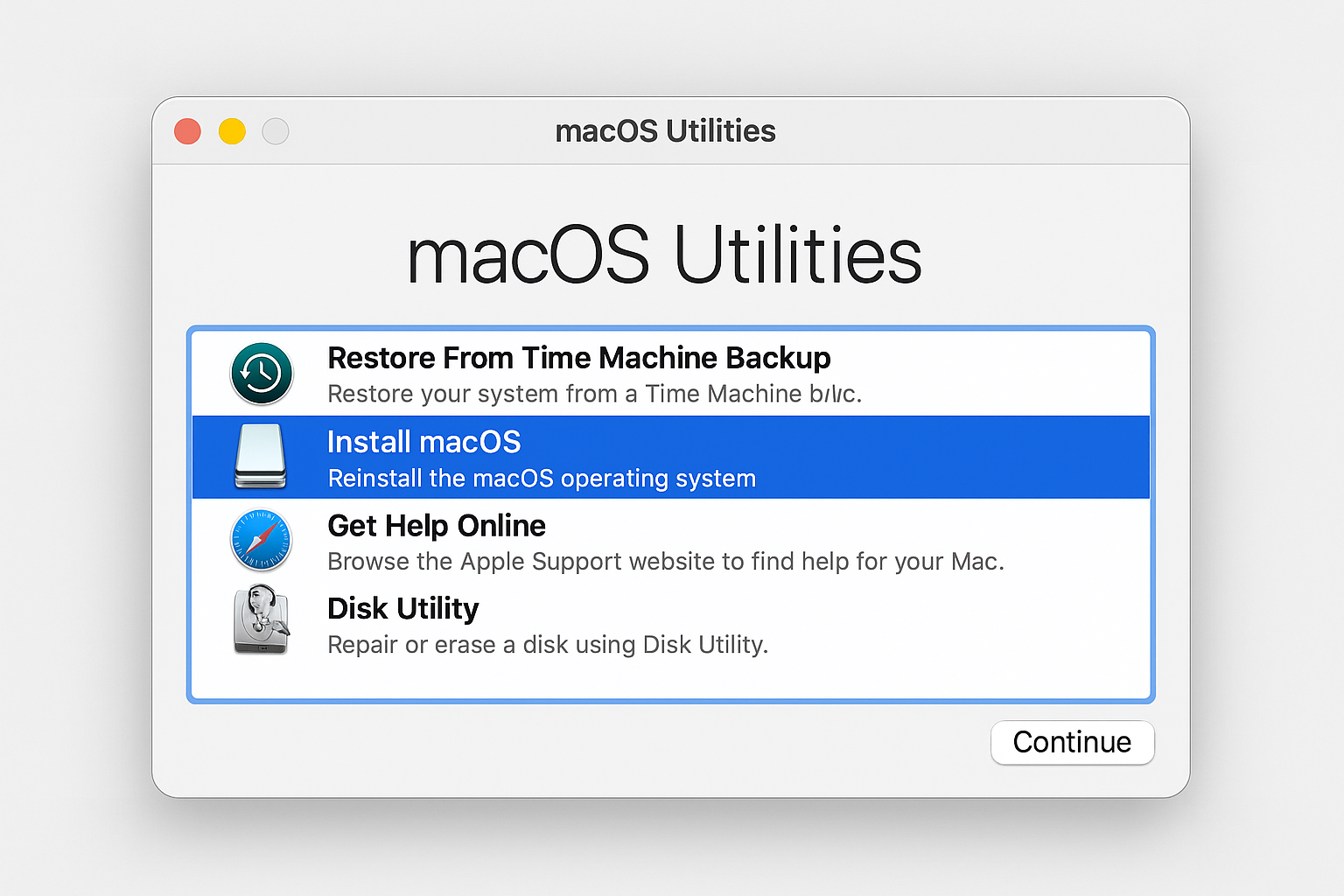 macOS Utilities screen showing Install macOS option highlighted