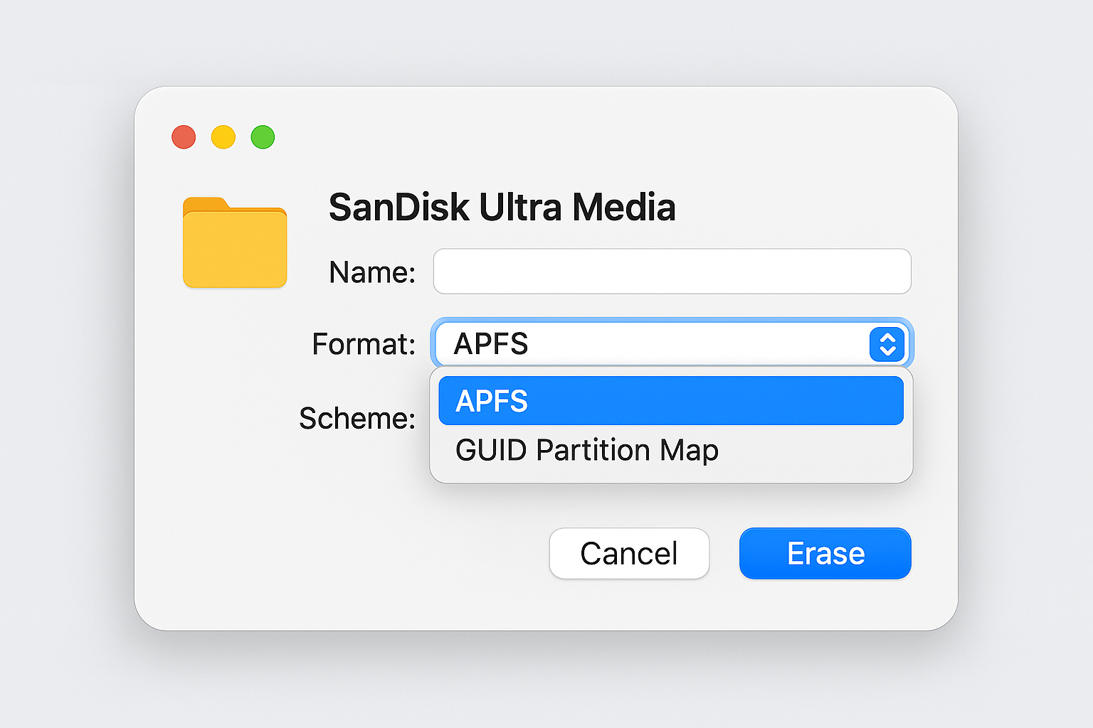 Disk Utility showing virtual disk formatting options with APFS selected