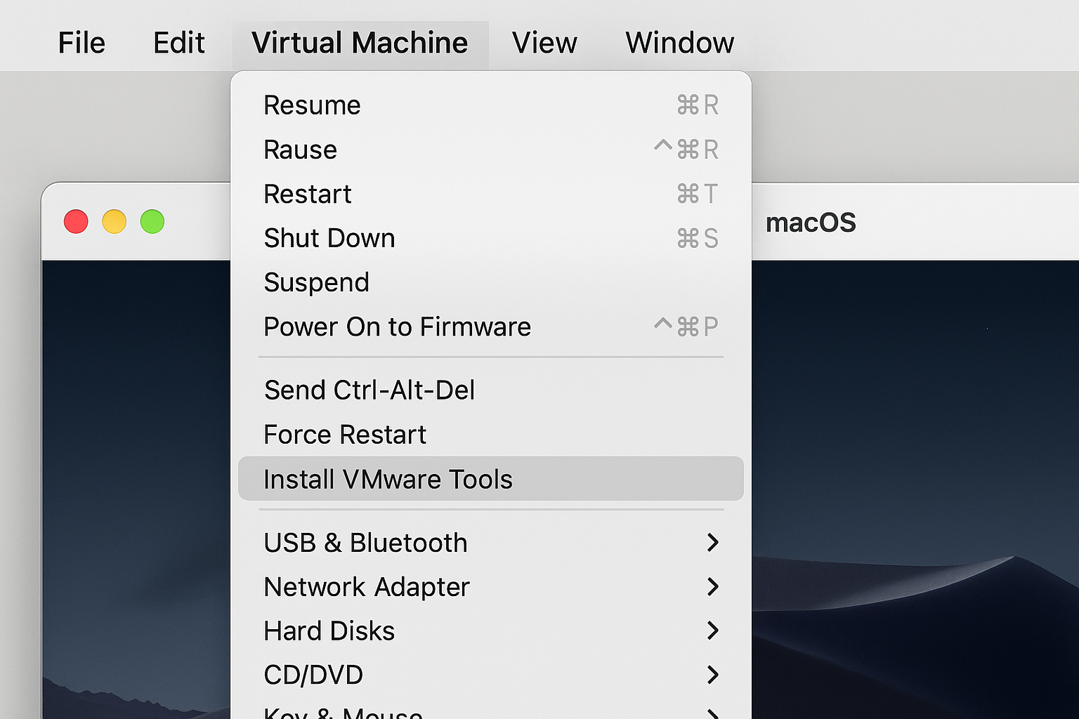 VMware Fusion menu showing Virtual Machine > Install VMware Tools option