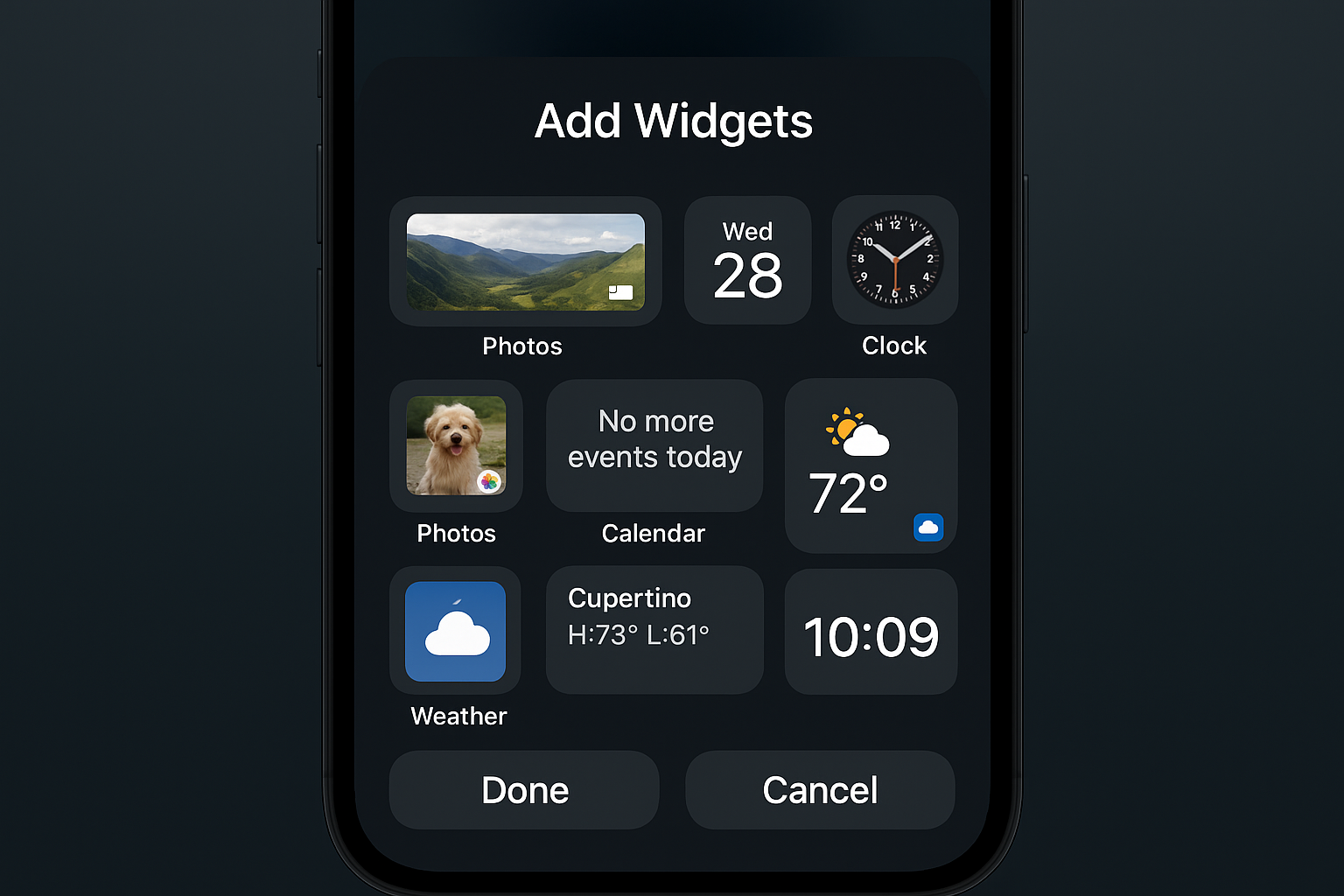 Lock Screen widget selection interface with Photos widget options highlighted