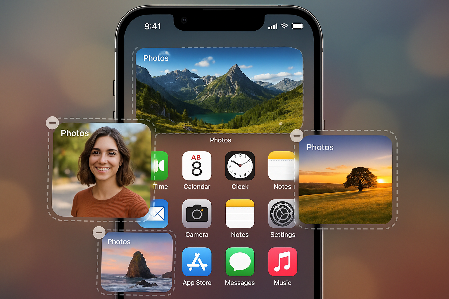 Home Screen showing photo widget placement and drag-and-drop positioning