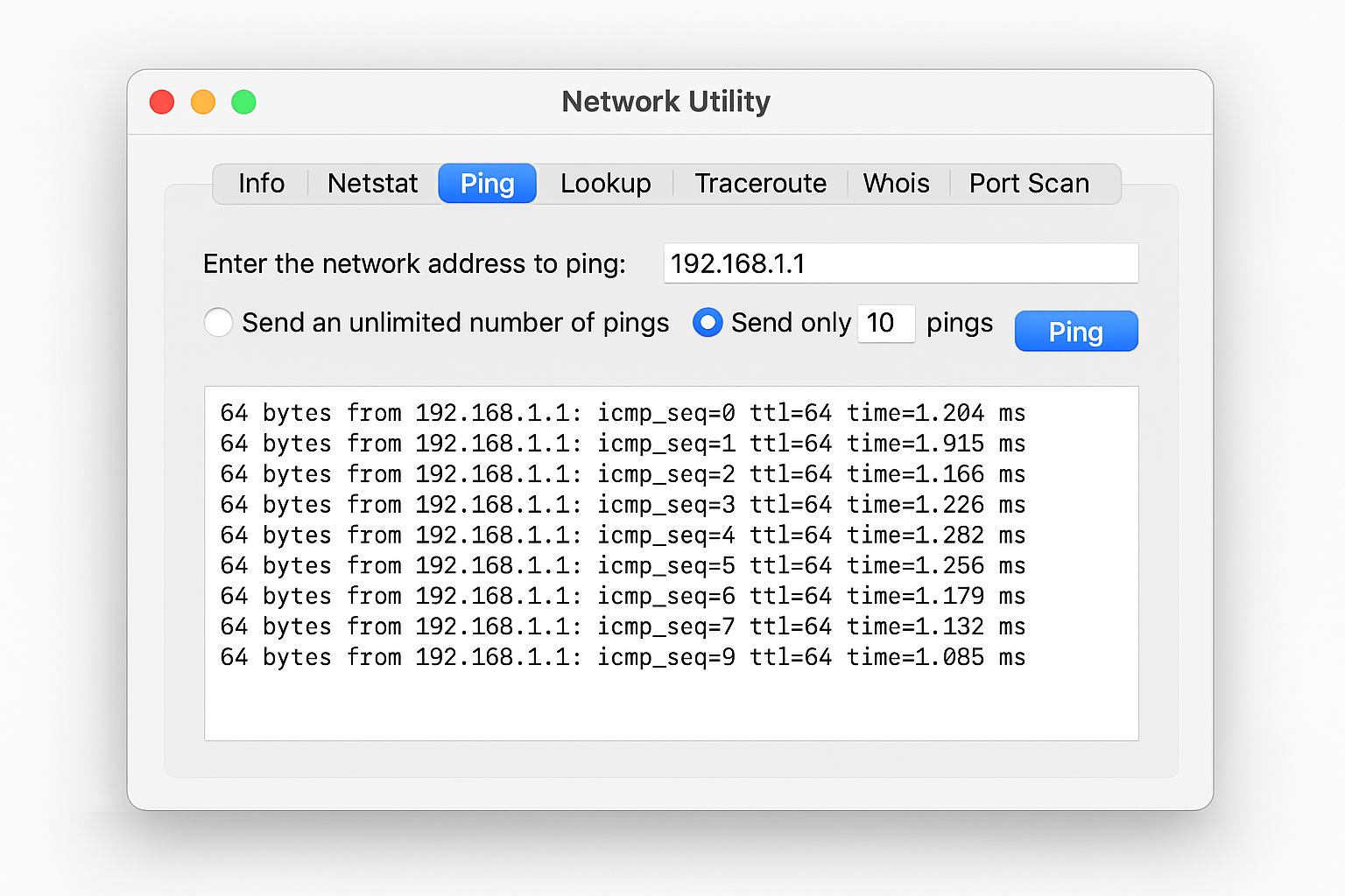 Network Utility showing ping, traceroute, and other network tools