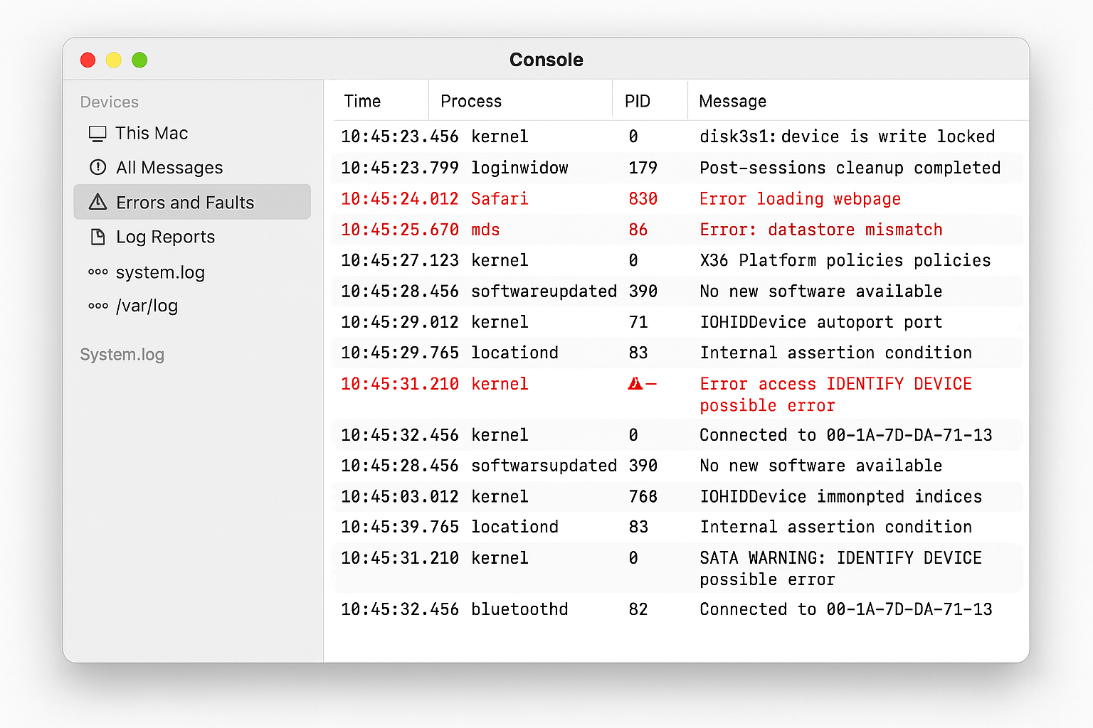 Console app showing system logs and error messages