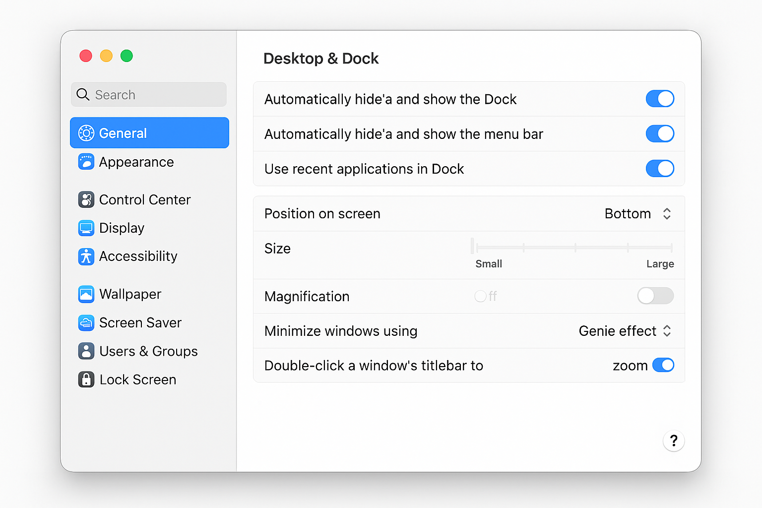 System Settings showing Dock & Desktop preferences