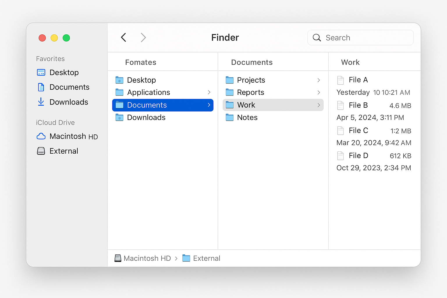 Modern Finder window showing sidebar and column view