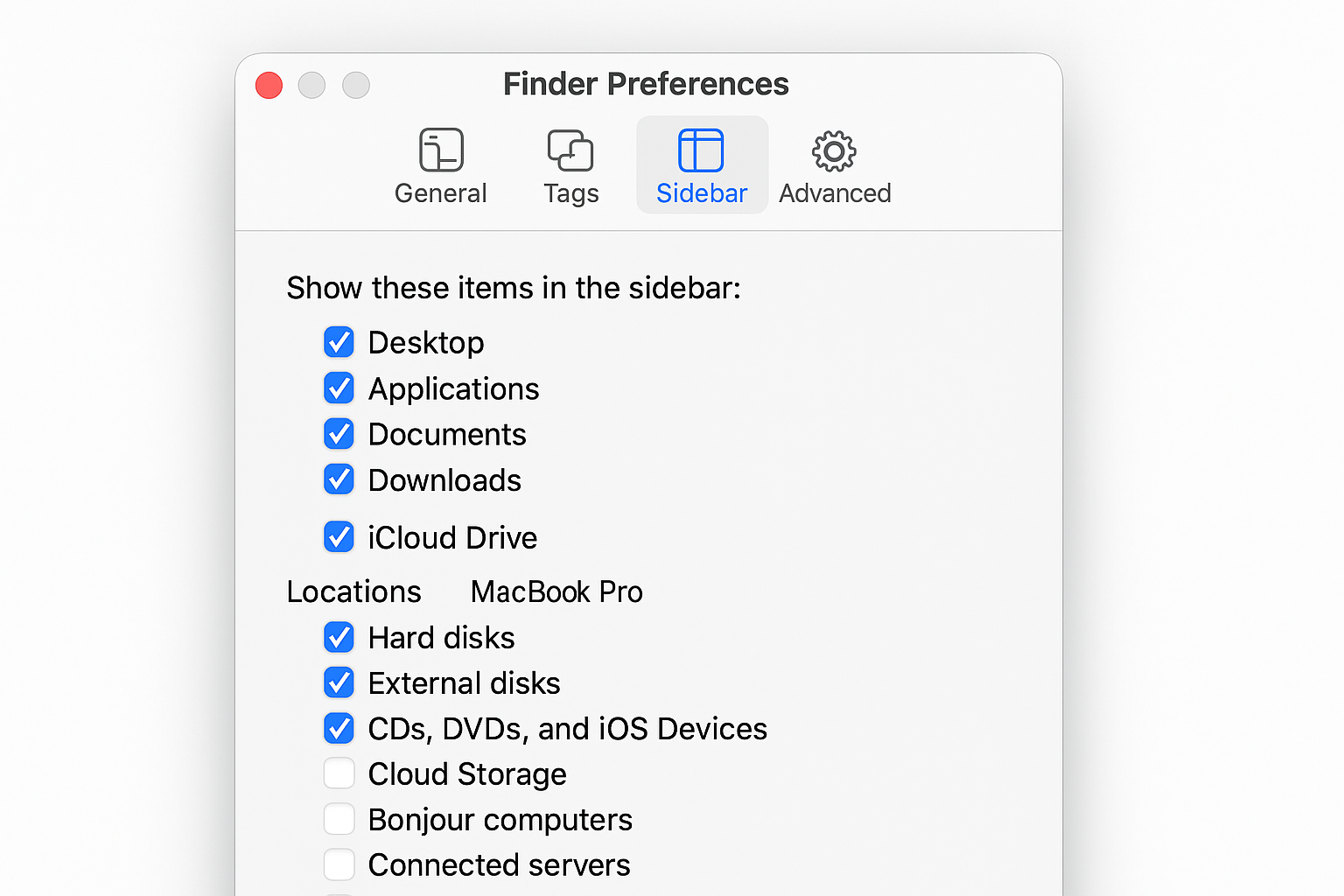Finder preferences showing sidebar customization options
