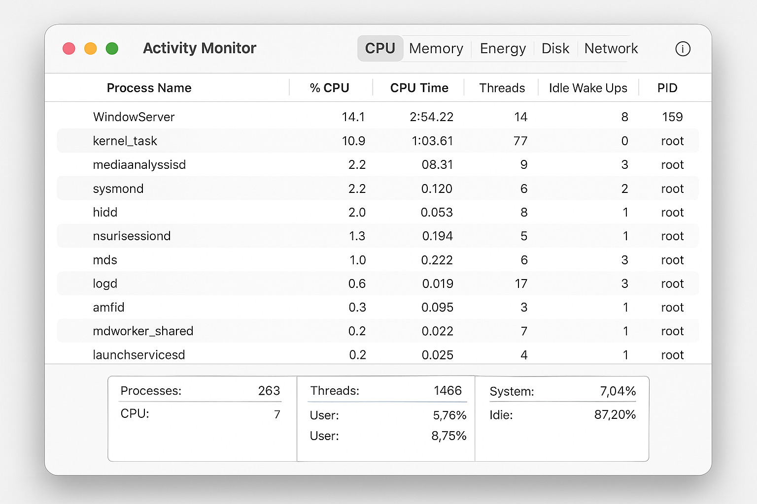 Activity Monitor showing CPU, Memory, Energy, Disk, and Network tabs