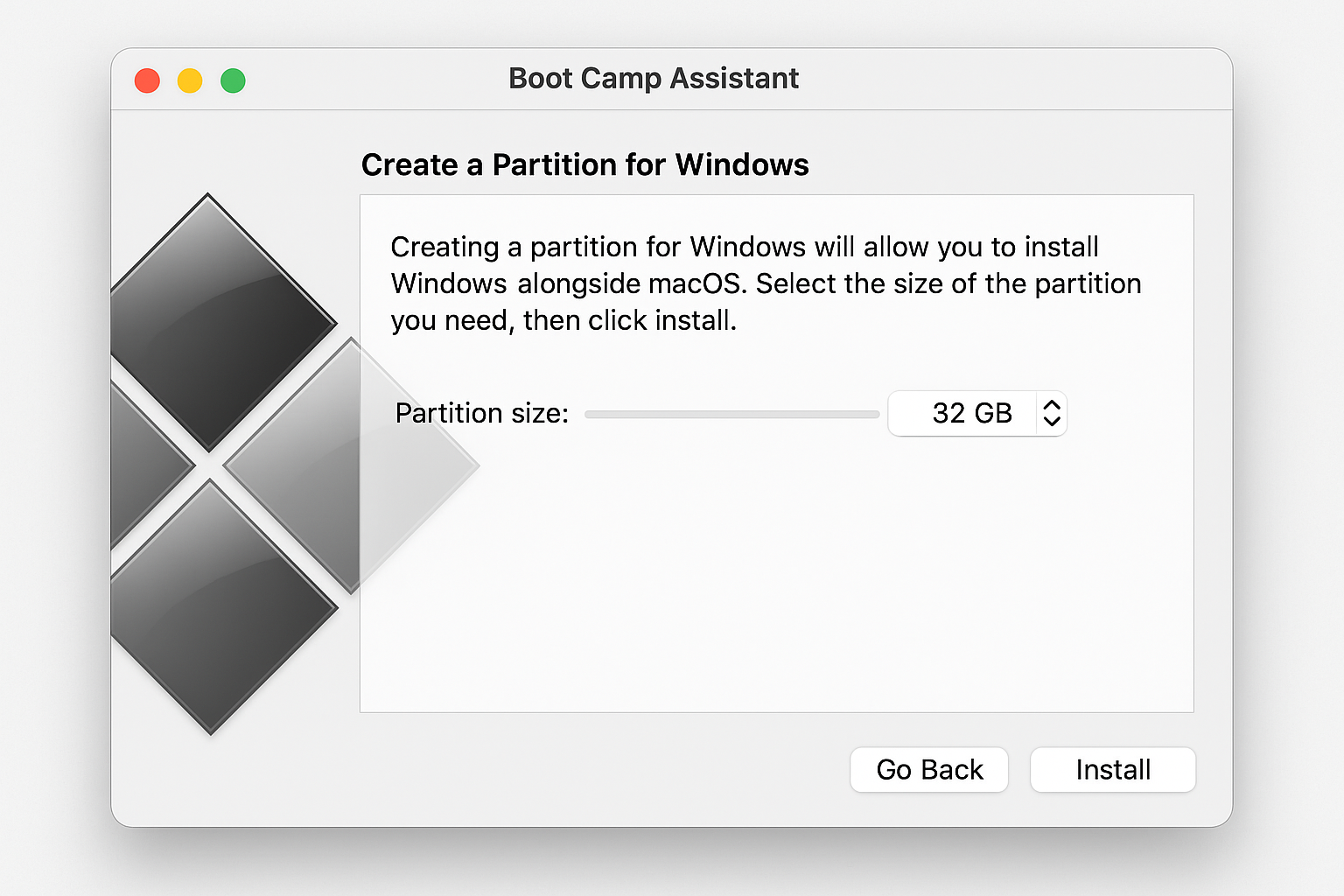 Boot Camp Assistant interface showing partition options and Windows installation setup