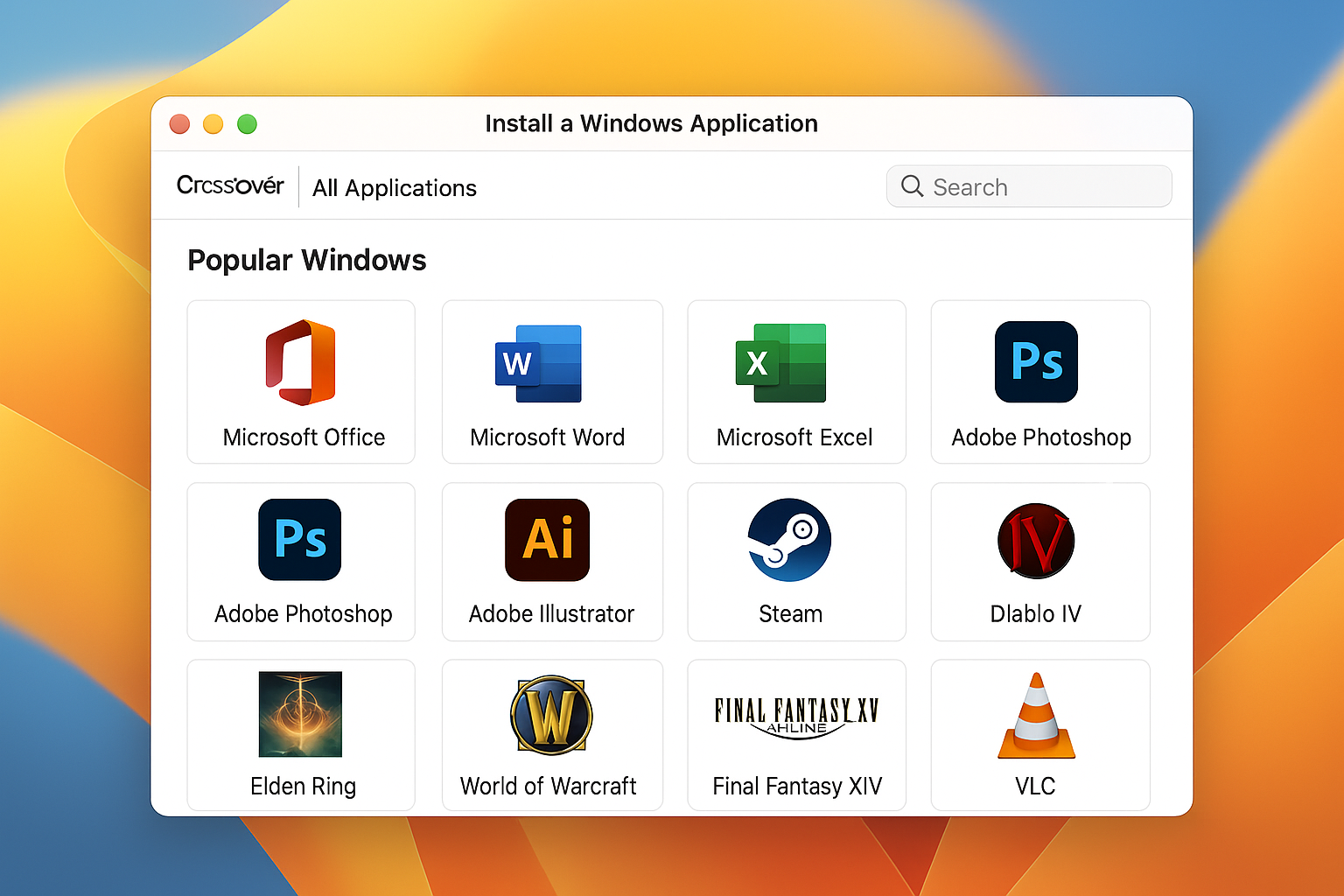 CrossOver interface showing supported Windows applications running on macOS