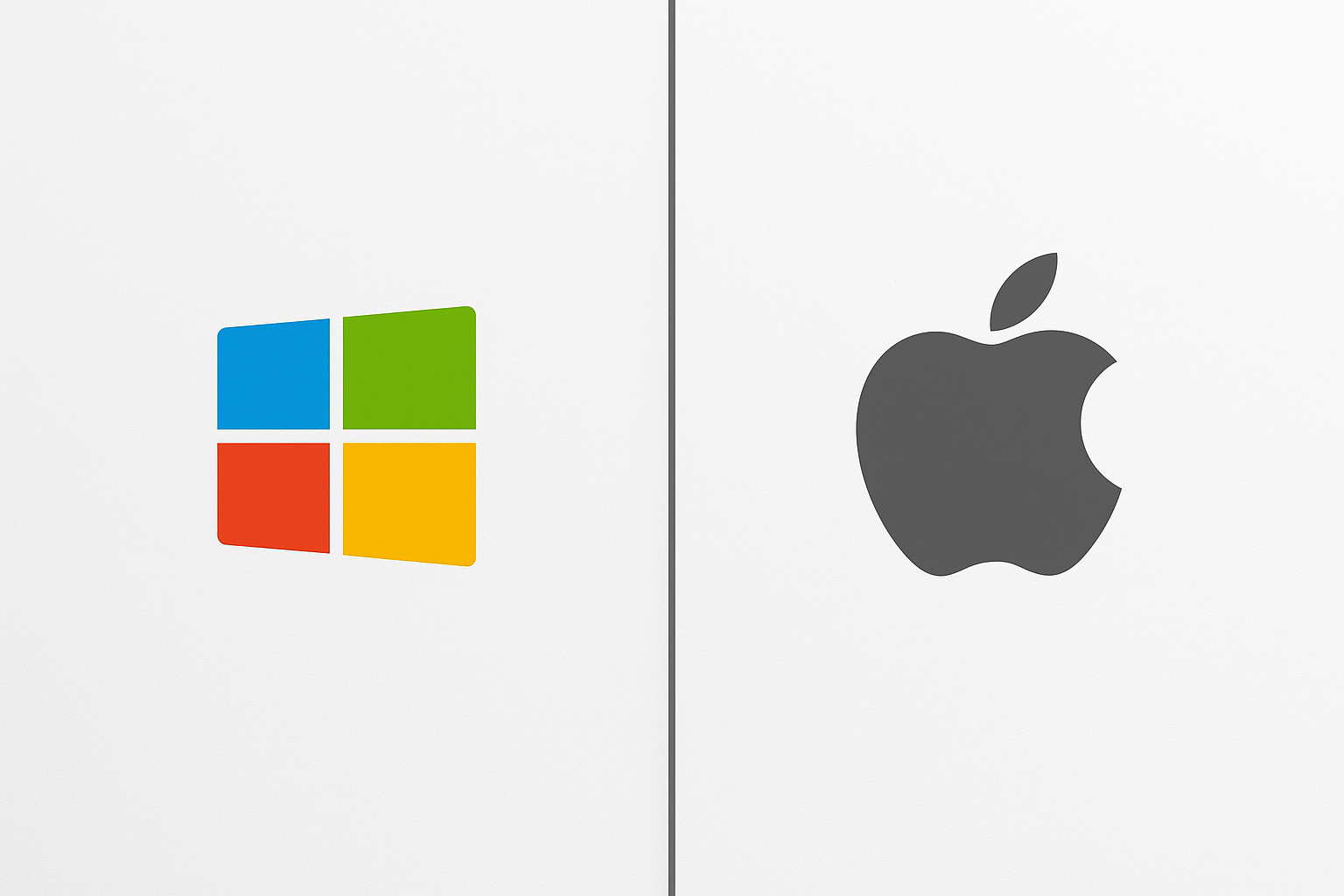 Split screen showing Windows 11 logo on left, Mac Apple logo on right