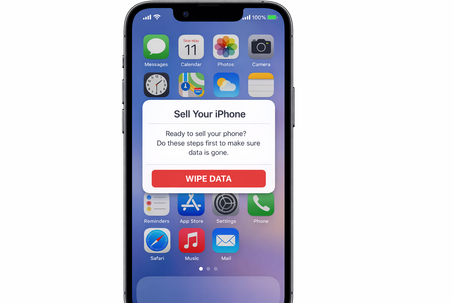 iPhone home screen showing a fully charged, unlocked iPhone ready for sale, with the Settings app visible among other apps