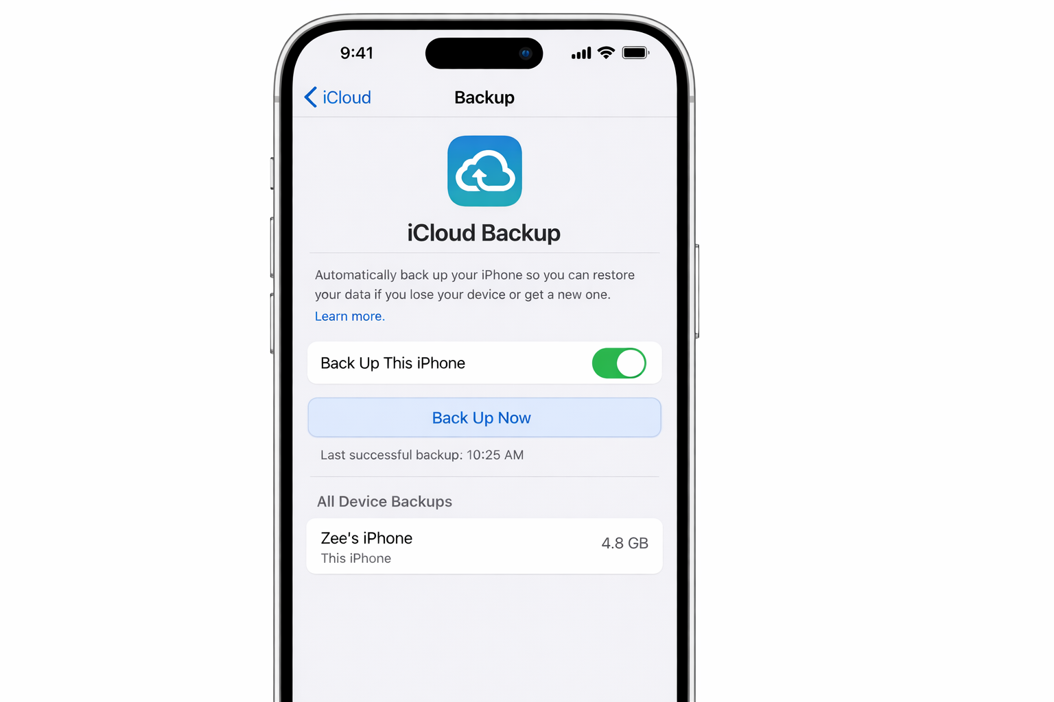 iOS Settings app > Apple ID > iCloud > iCloud Backup screen with the iCloud Backup toggle turned on and the Back Up Now button highlighted