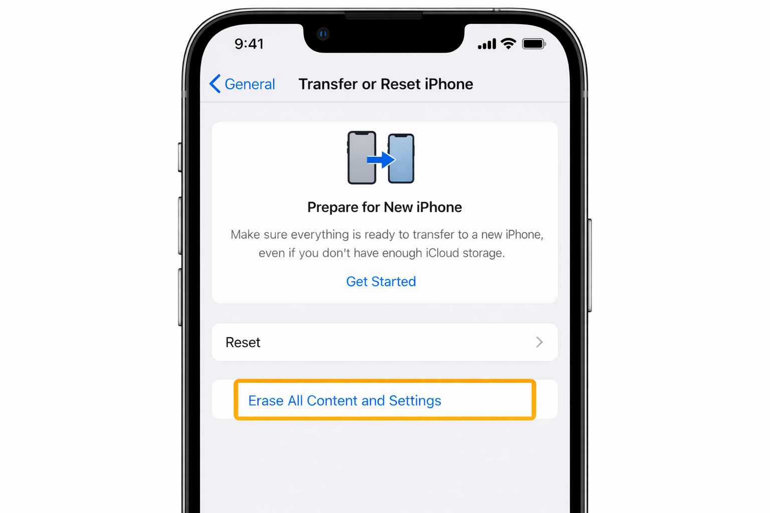 iOS Settings app > General > Transfer or Reset iPhone screen with the Erase All Content and Settings option highlighted