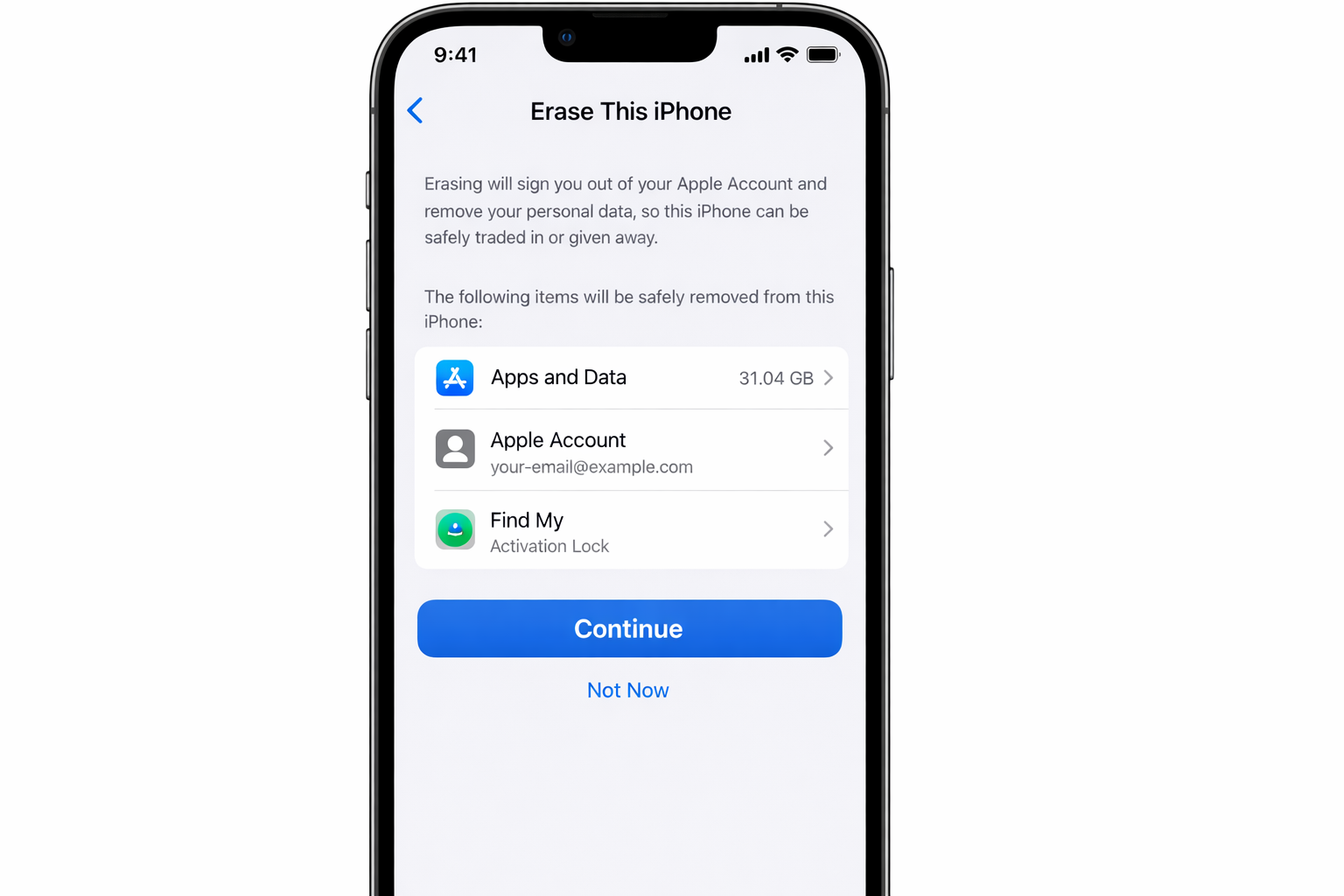 iOS Settings app > General > Transfer or Reset iPhone > Erase All Content and Settings confirmation dialog with the Erase iPhone button highlighted and a warning that all data will be erased