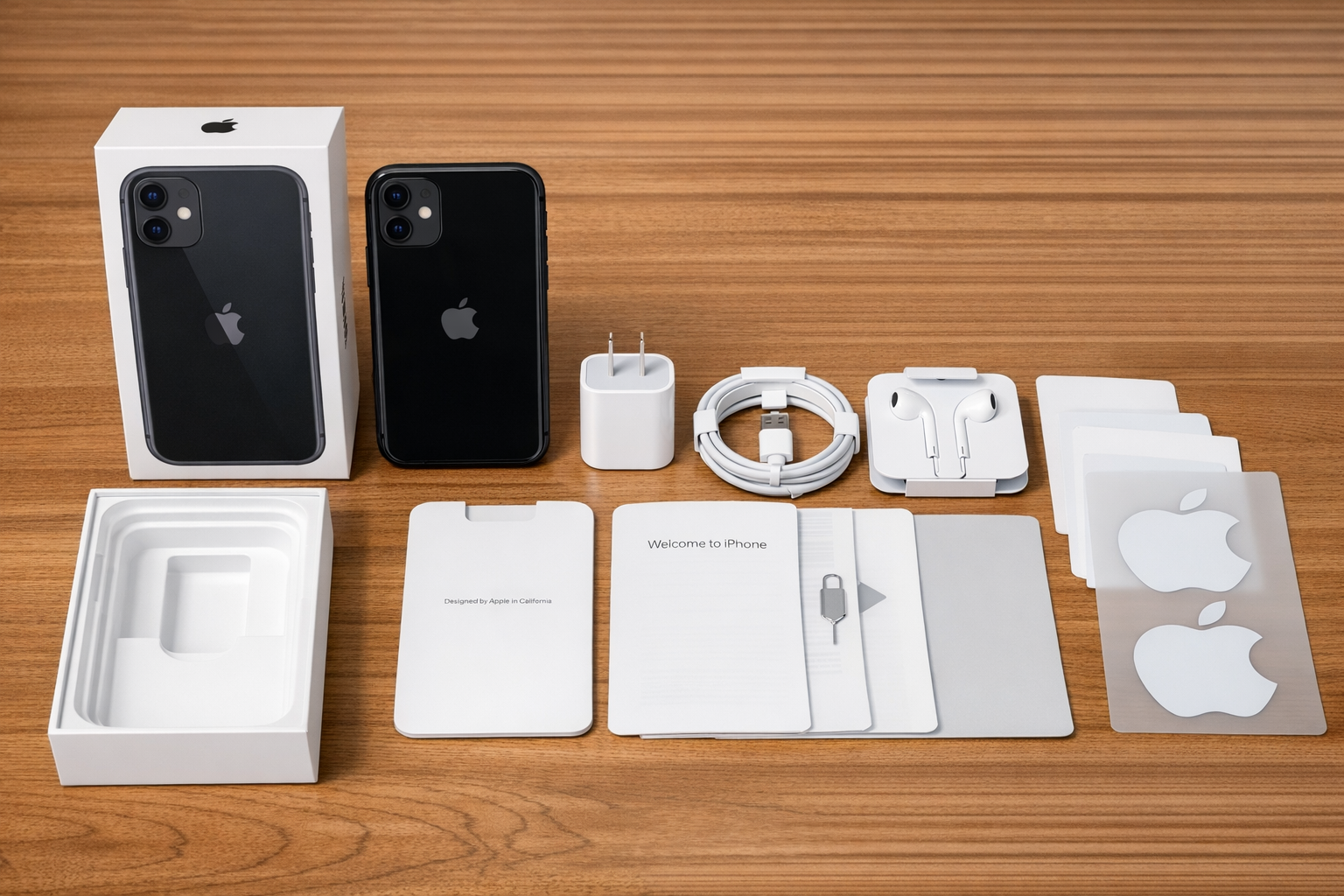 iPhone placed back inside its original retail box with charging cable and accessories neatly arranged beside it, showing a complete resale package
