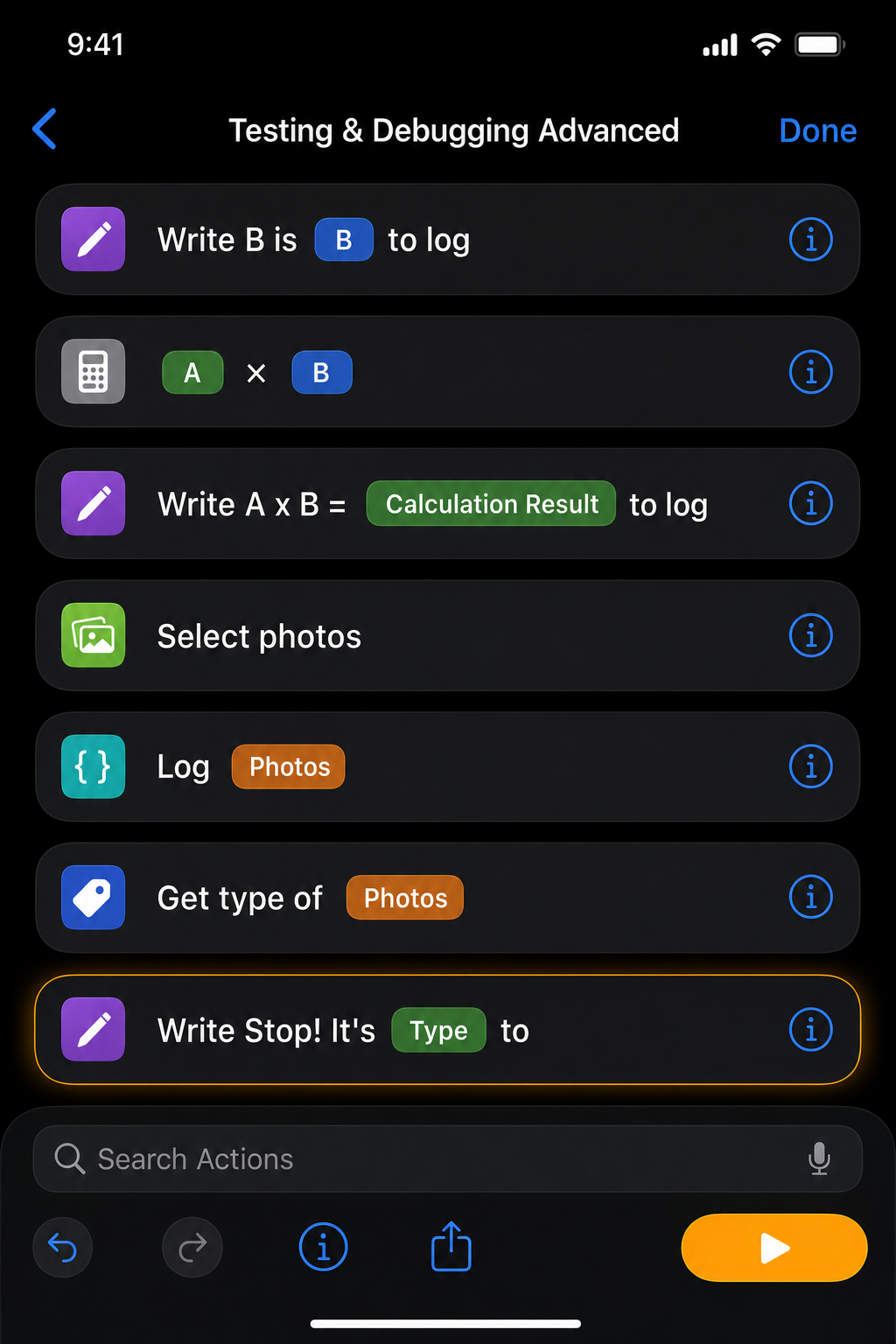 iPhone Shortcuts app editor highlighting a conditional logic step with debug run button
