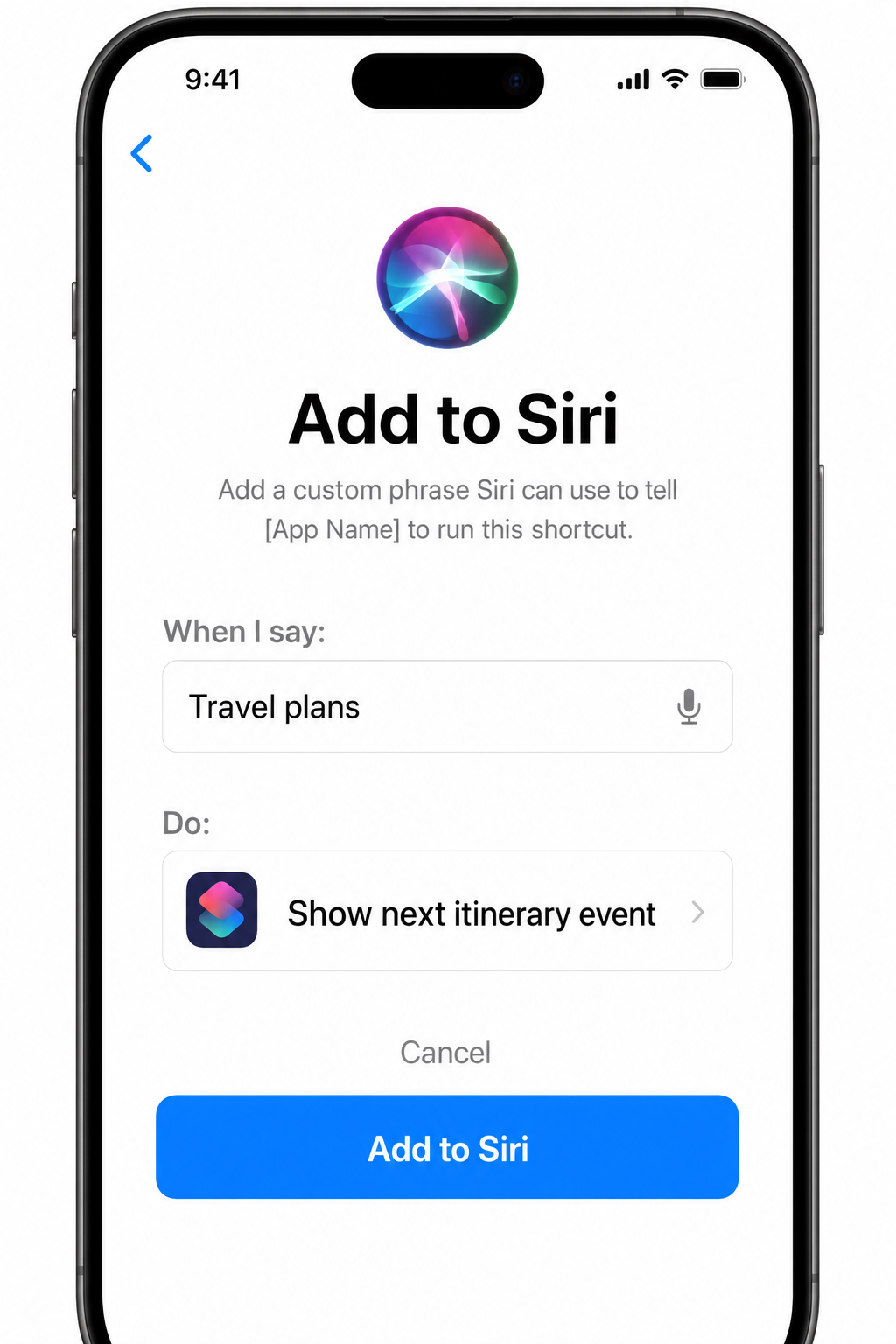 iPhone Add to Siri screen showing custom phrase recording interface
