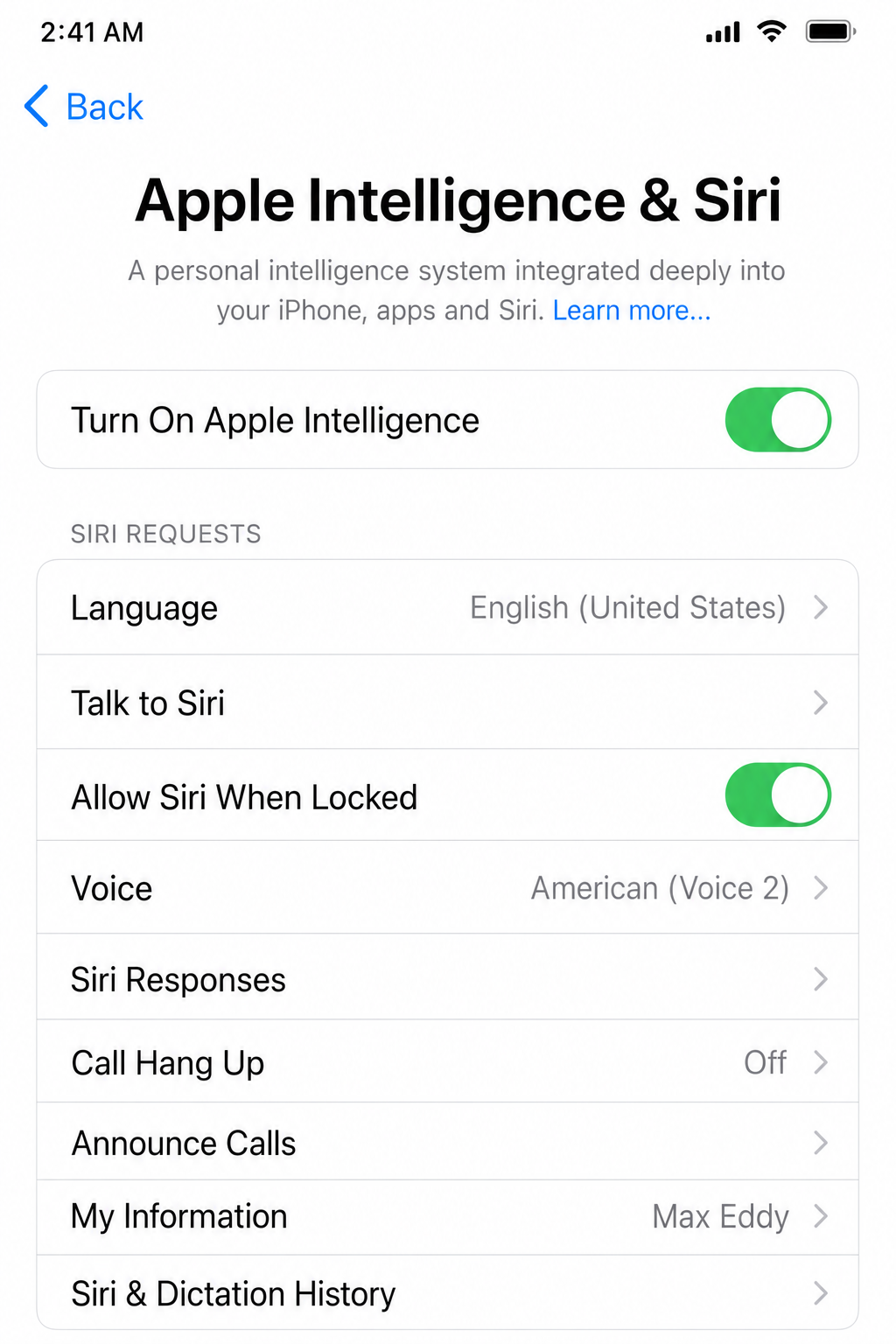 iPhone Settings showing Apple Intelligence & Siri section with Apple Intelligence toggle enabled