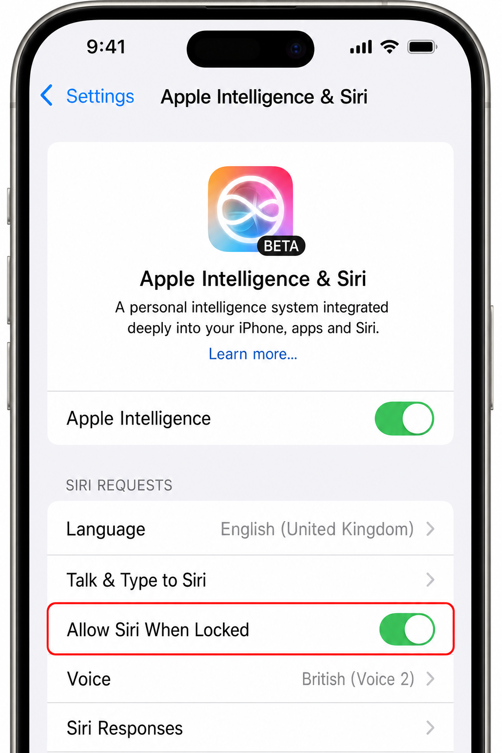 Settings app Apple Intelligence & Siri page showing Siri voice activation options enabled