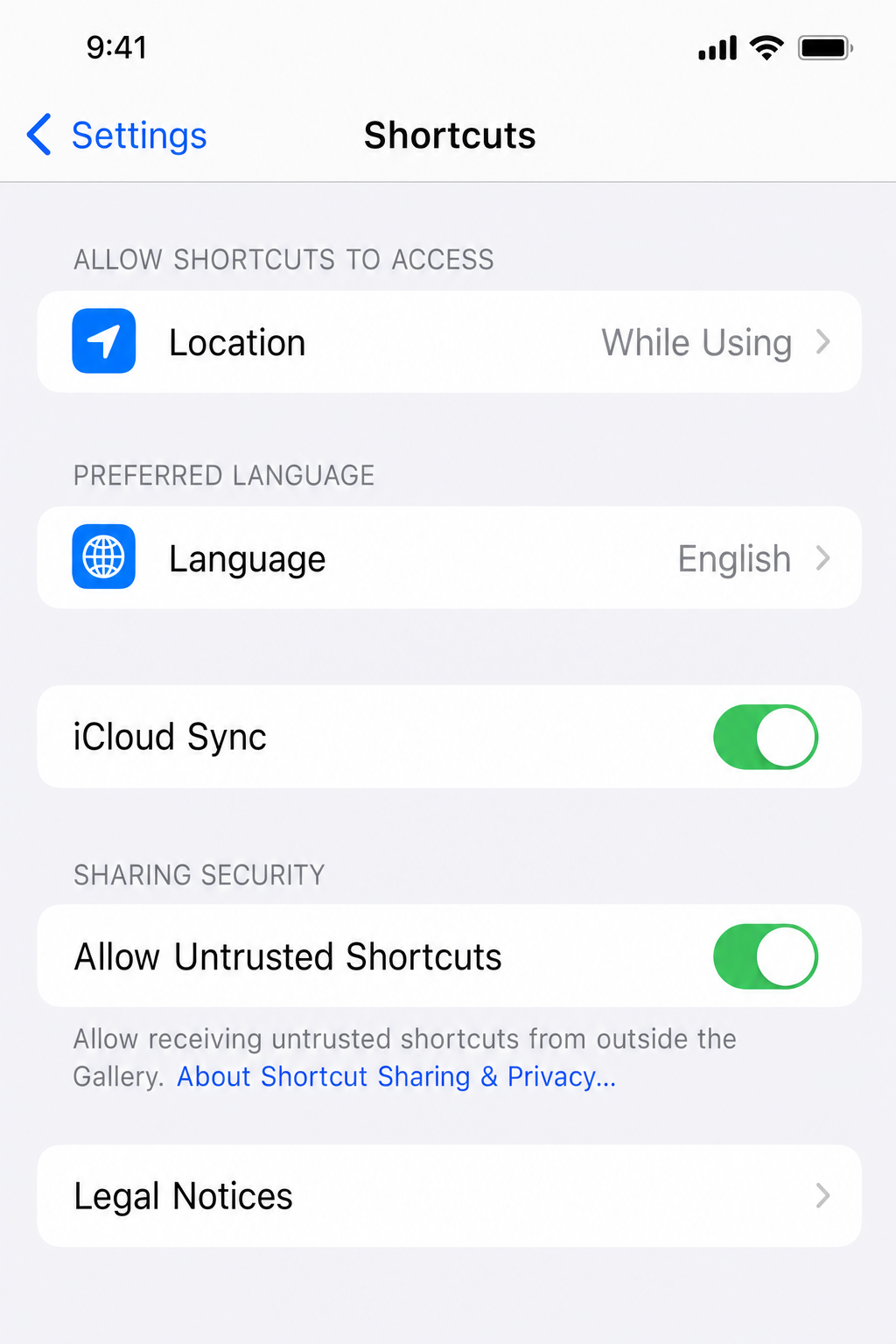 Shortcuts app settings page showing the Allow Untrusted Shortcuts toggle