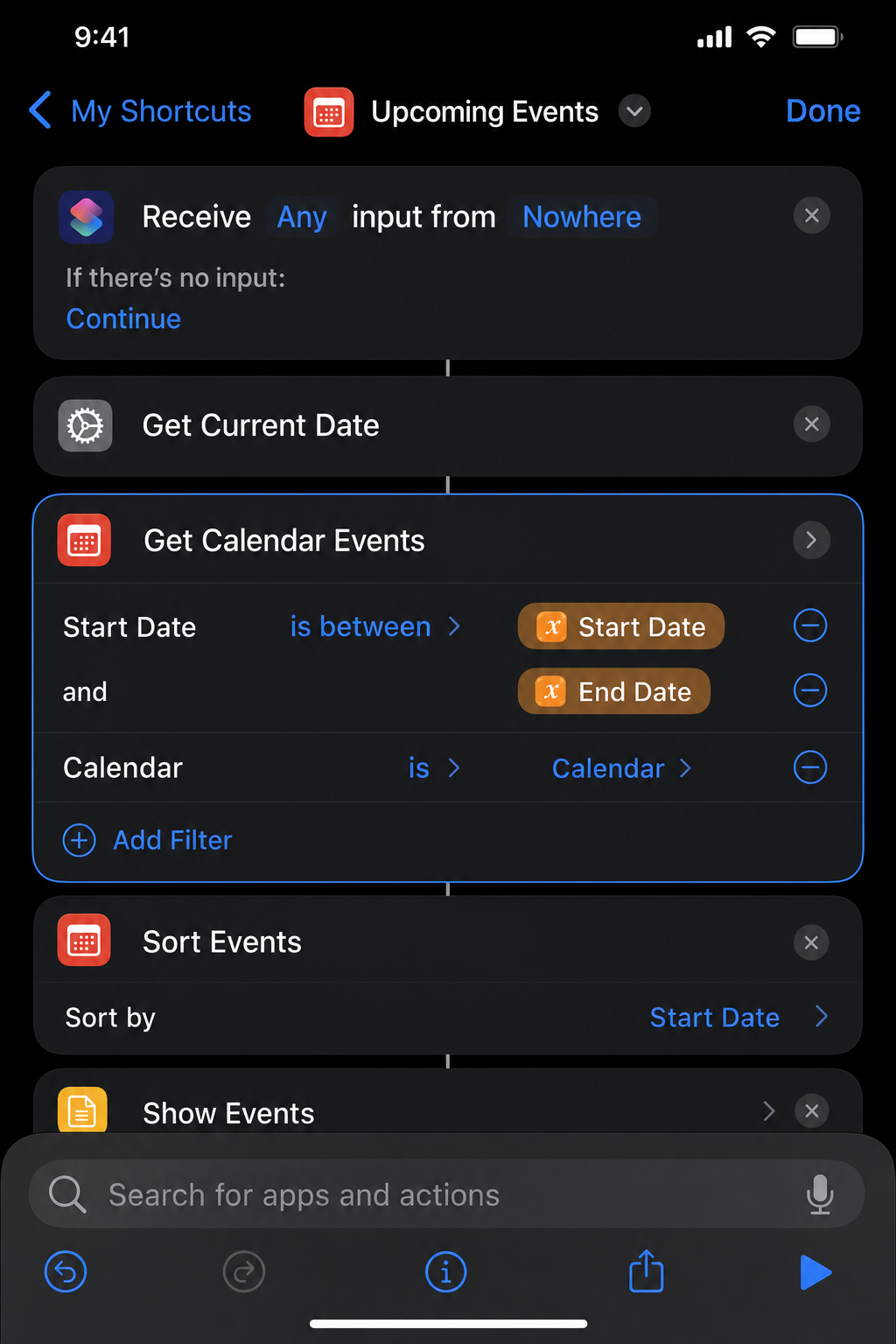 Shortcuts app action selection screen showing Get Calendar Events action being added
