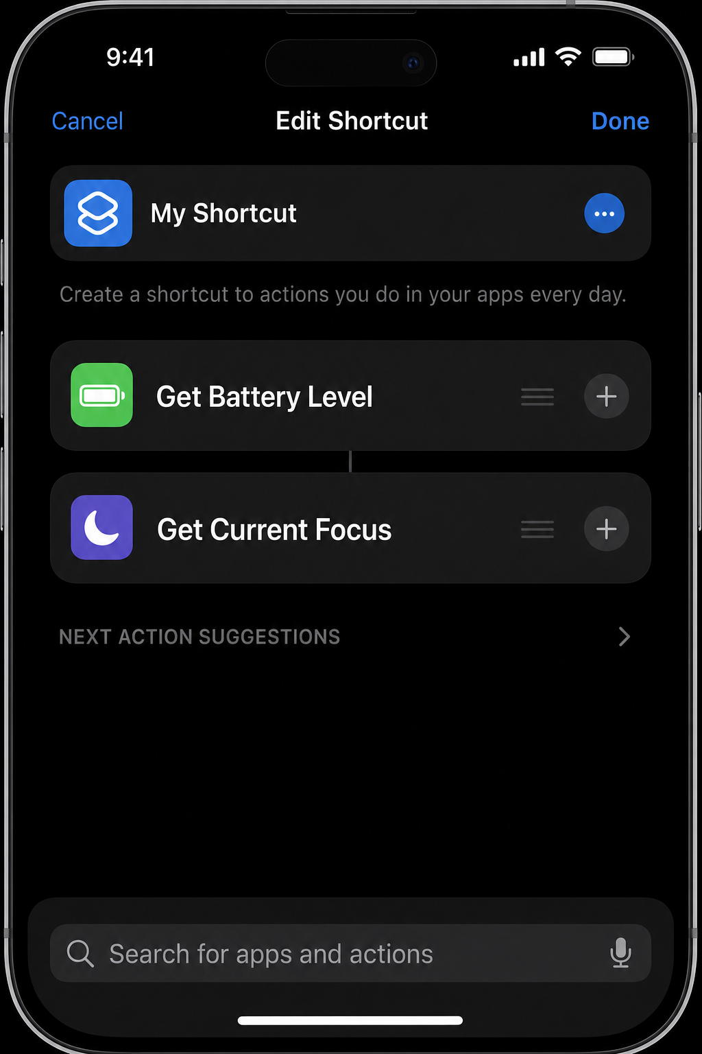 Shortcuts action list showing Get Battery Level and Get Current Focus actions added to the workflow