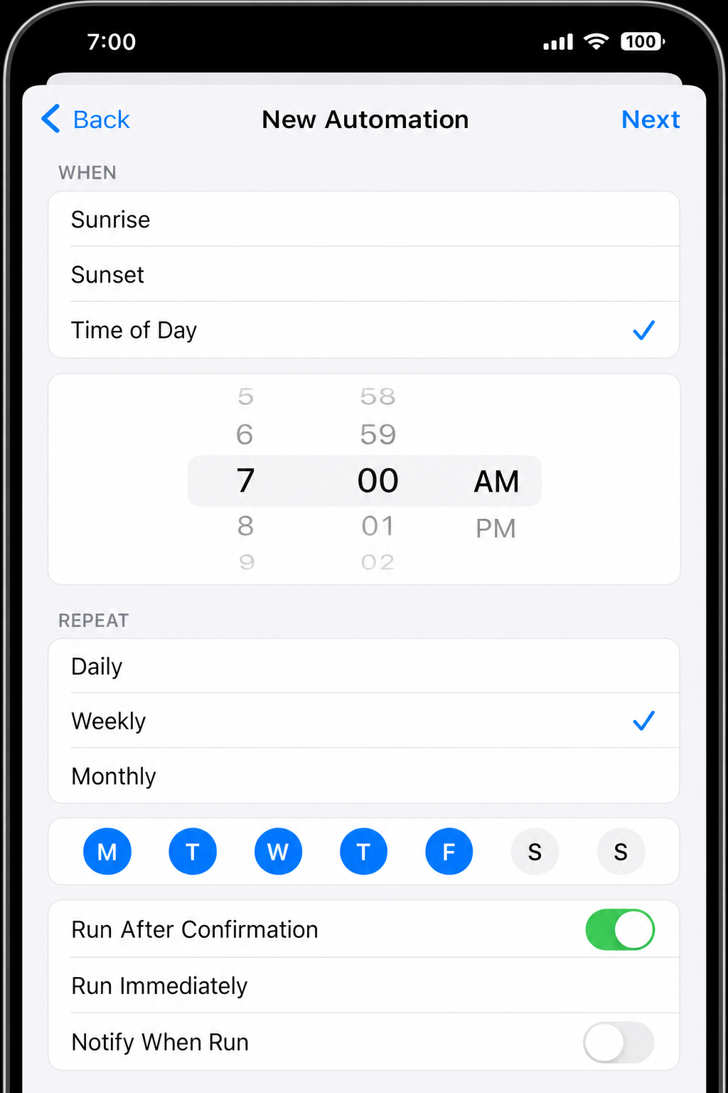 Automation creation screen showing time-based trigger set to 7:00 AM on weekdays with Ask Before Running enabled