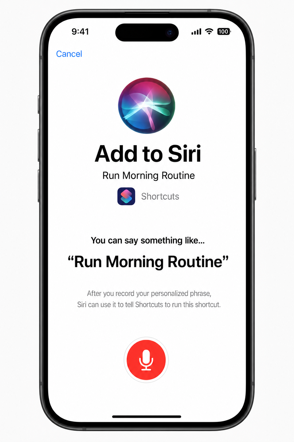 Add to Siri screen showing a natural language phrase being recorded for the shortcut
