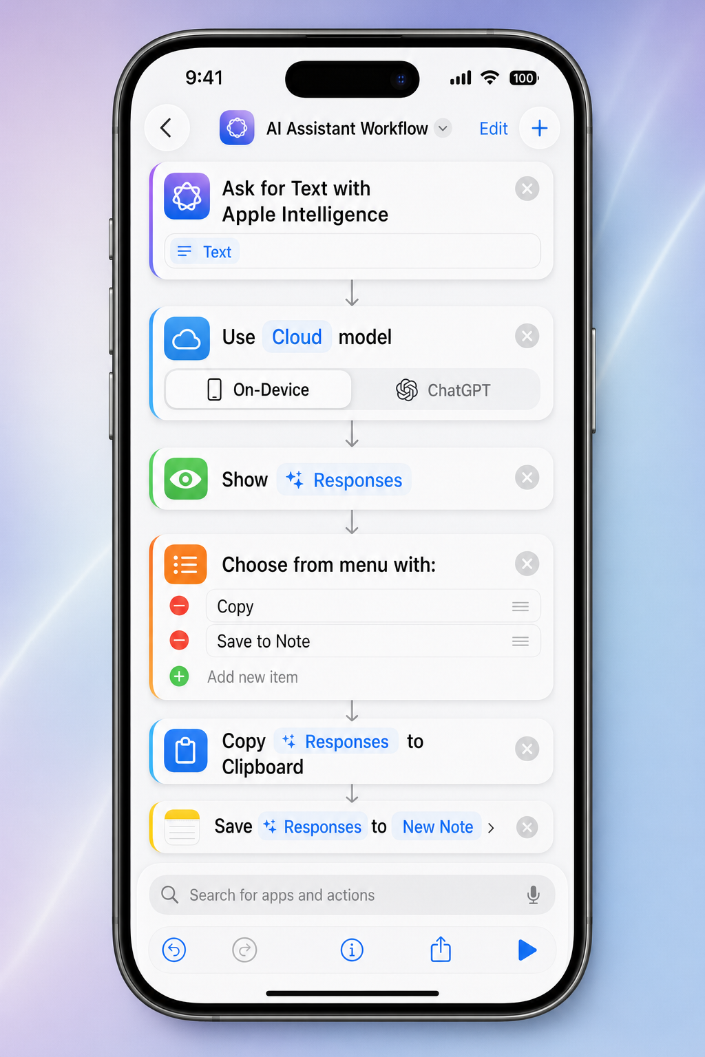 iPhone Shortcuts app editor showing chained Apple Intelligence actions list