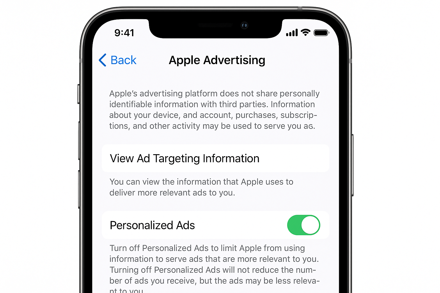 iOS Settings showing Privacy & Security section with Apple Advertising option highlighted