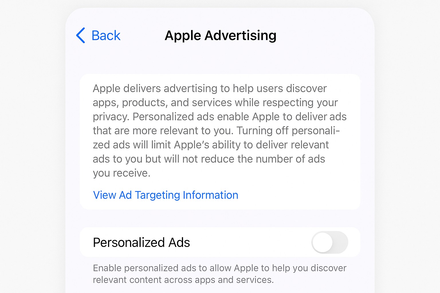 Apple Advertising settings page showing Personalized Ads toggle in off position