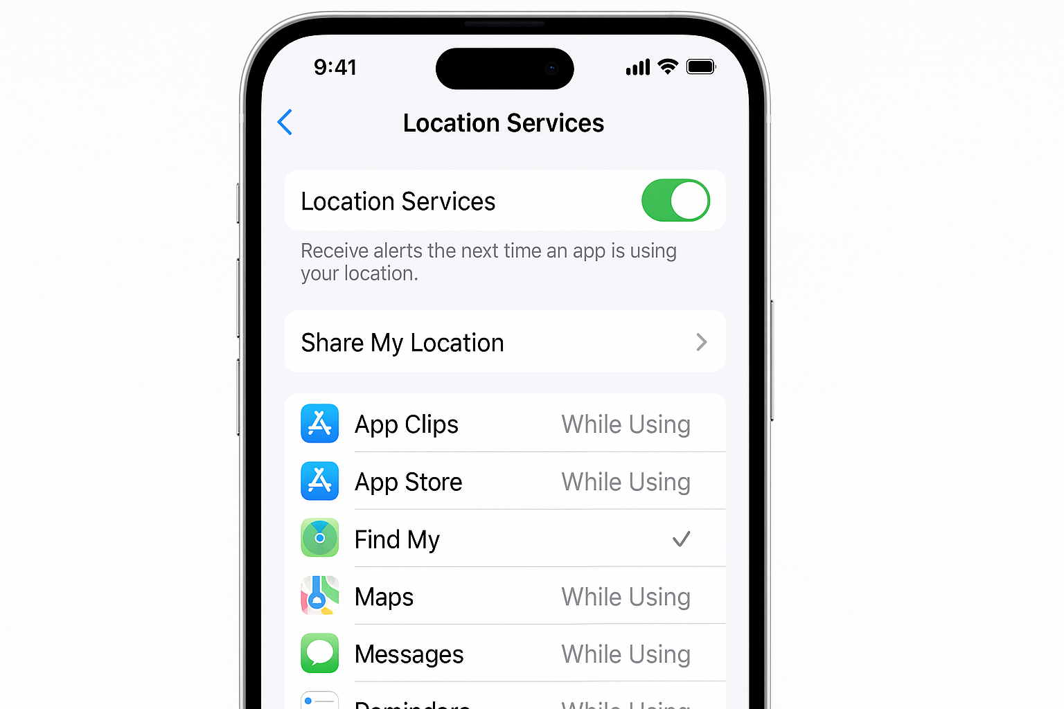 Location Services settings showing Apple Maps with various privacy options