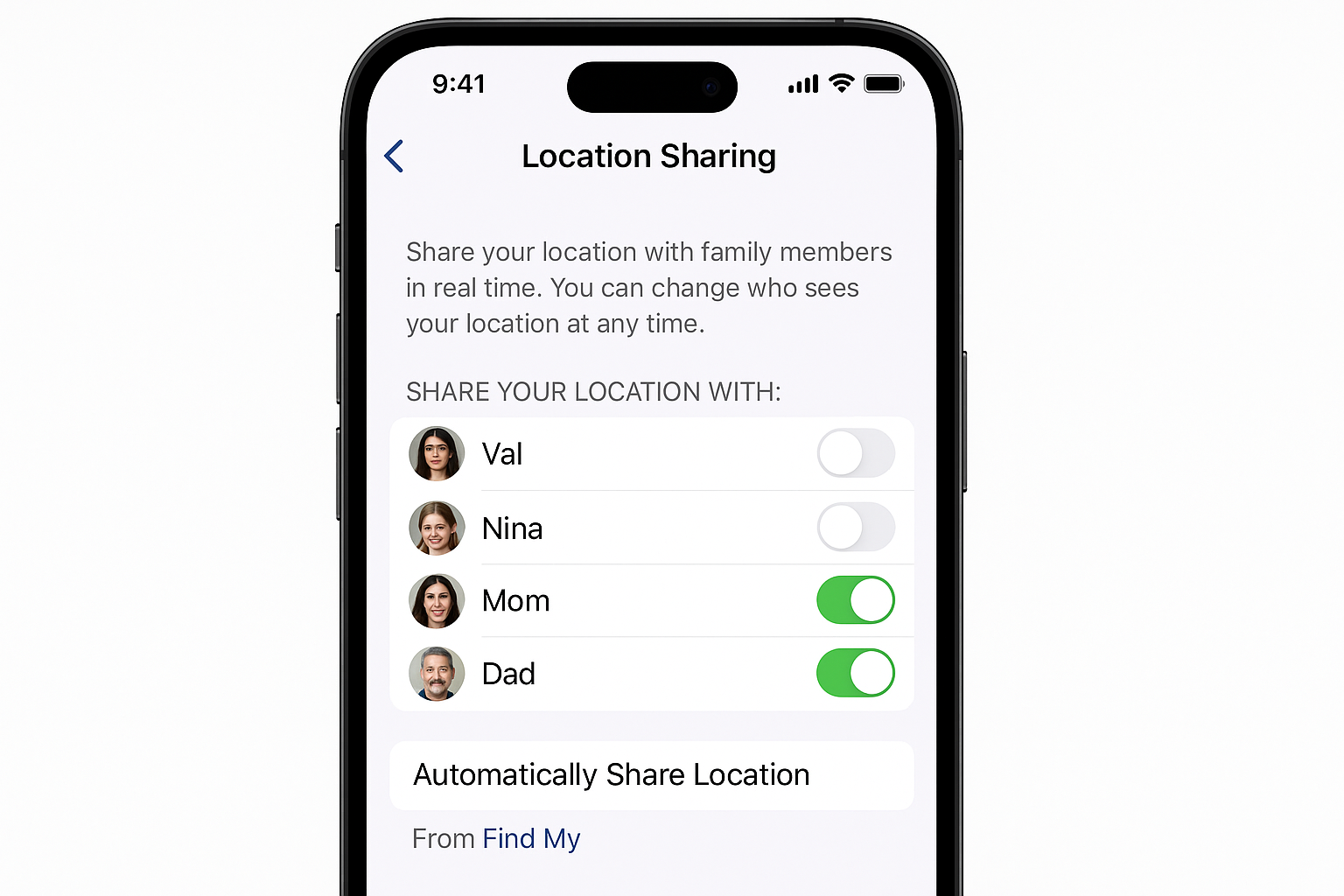 Family Sharing settings showing individual privacy controls for family members