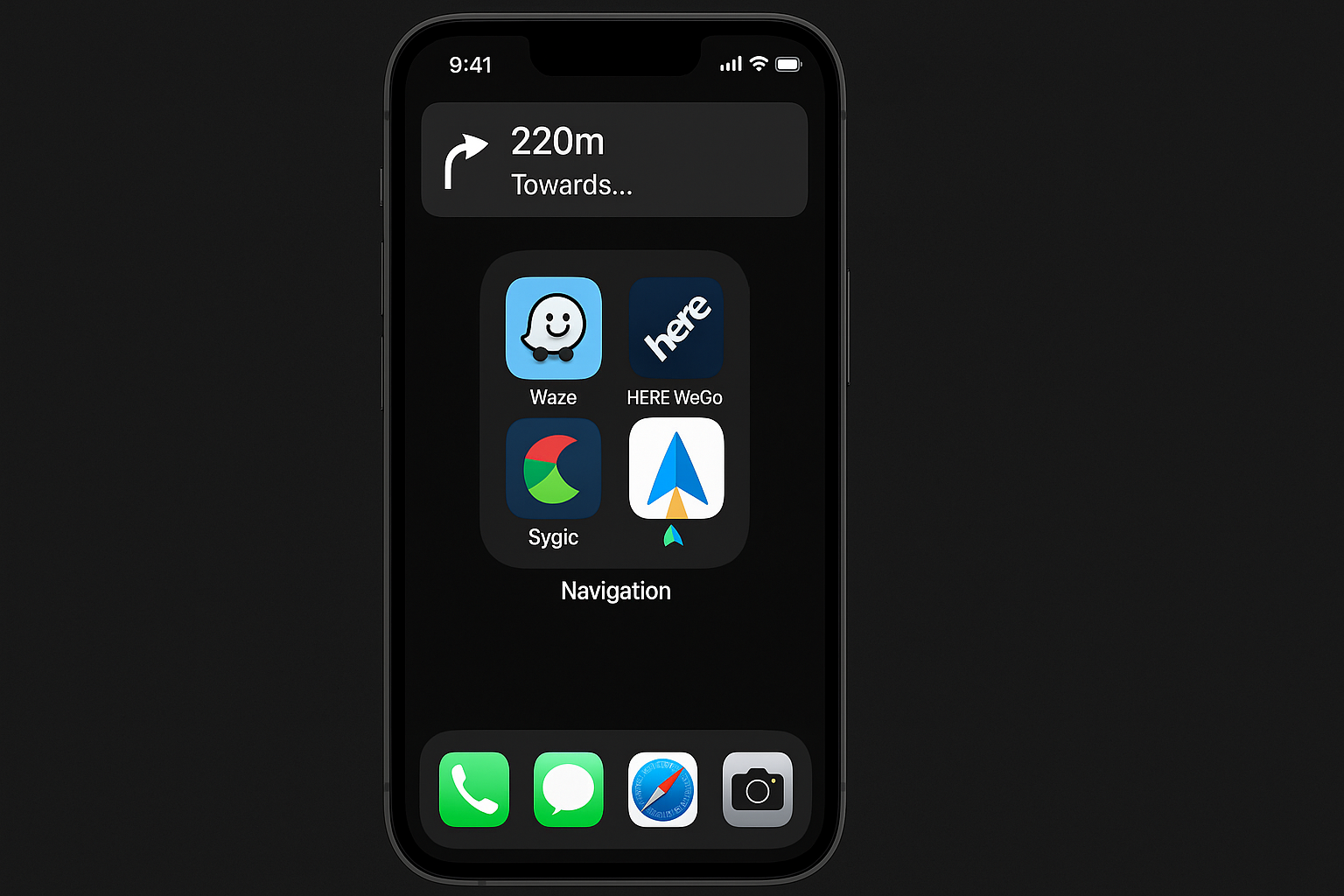 iPhone home screen showing alternative navigation apps including Waze, HERE WeGo, and Sygic