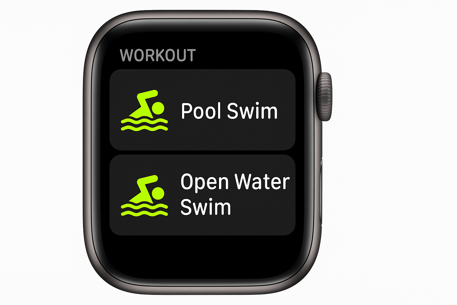 Apple Watch Workout app showing Pool Swim and Open Water Swim options highlighted