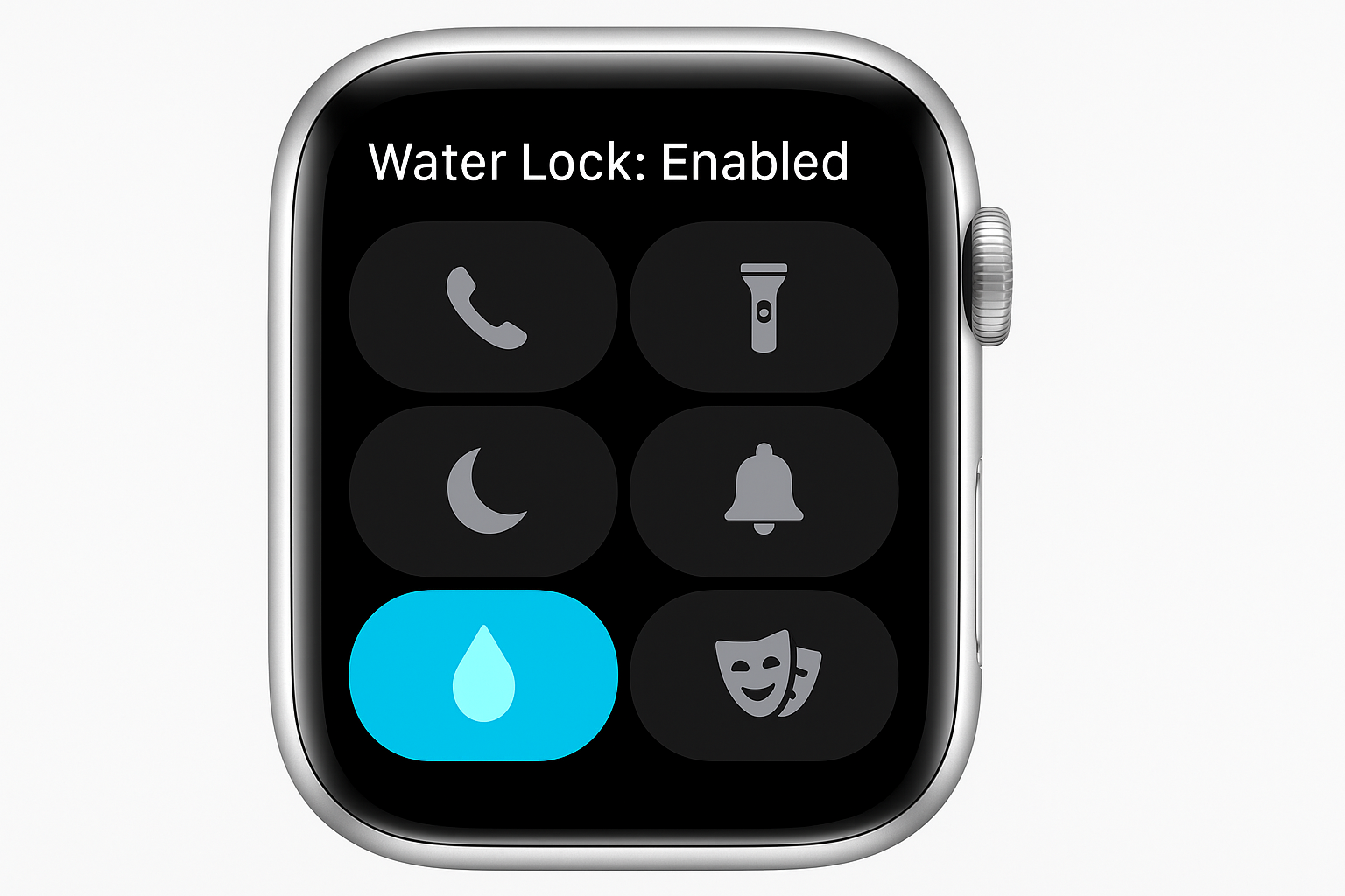 Apple Watch Control Center with various toggles including the Water Lock icon (water droplet symbol)