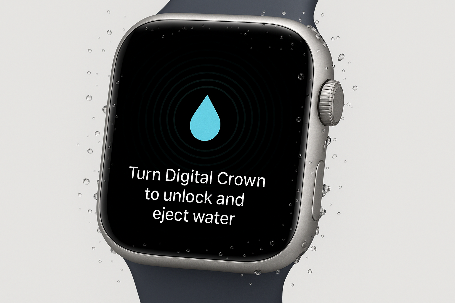 Apple Watch screen showing water ejection progress with sound wave animation and Digital Crown turning indicator