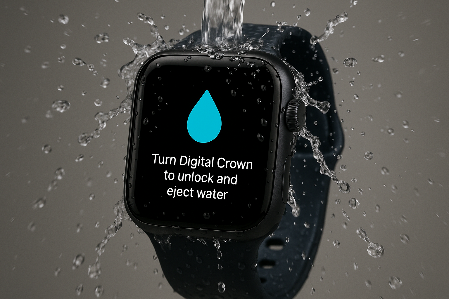 Apple Watch Digital Crown being rinsed under running water droplets