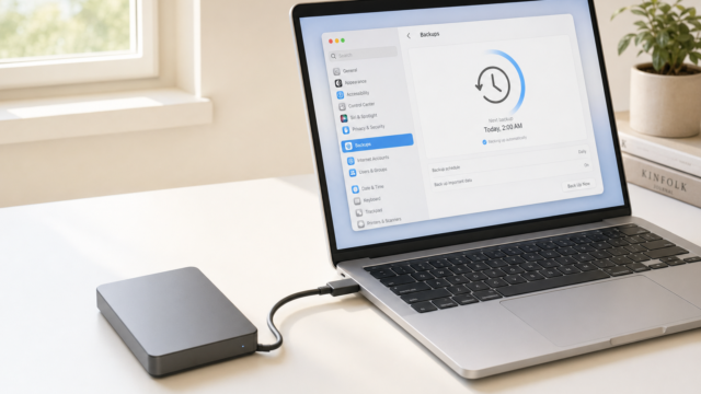 Silver laptop on a white desk with an external hard drive connected by USB-C; screen shows backup software. The workspace includes a plant and a window in the background.