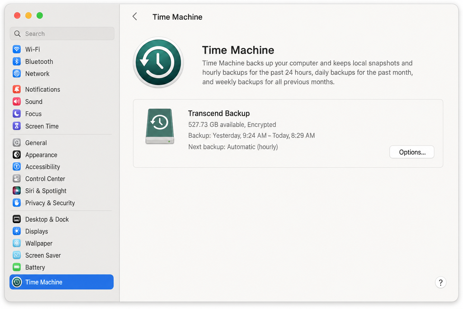 macOS System Settings > General > Time Machine pane open and highlighted in the sidebar