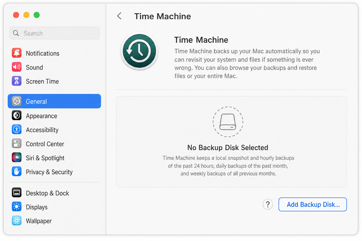 macOS System Settings > General > Time Machine with the Add Backup Disk button highlighted and a sheet ready to select a drive